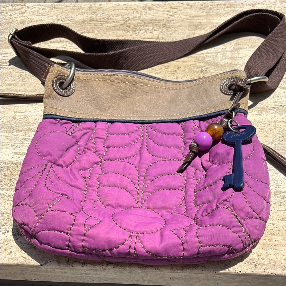 Fossil Keper Quilted Purple and Brown Crossbody Bag